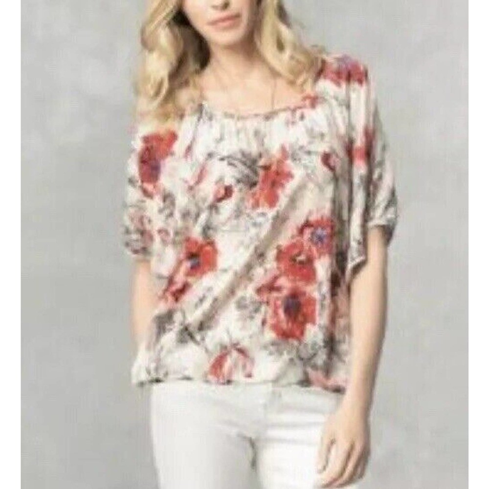 CAbi | Womens Size S Red Silk Gypsy Floral Top Dolman Sleeves Draped Blouse